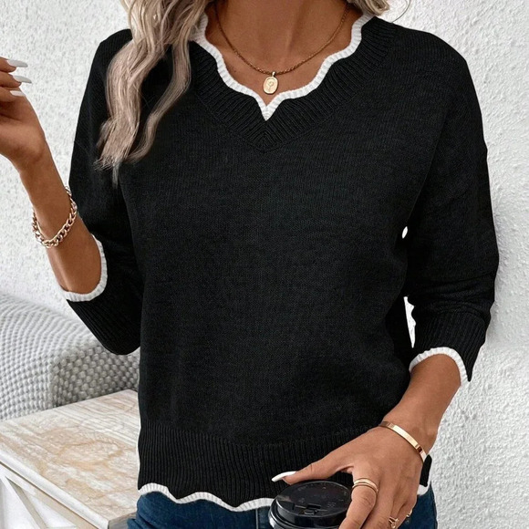 Black Casual Women's Color Block V-Neck Long Sleeve Loose Sweater - Picture 3 of 6